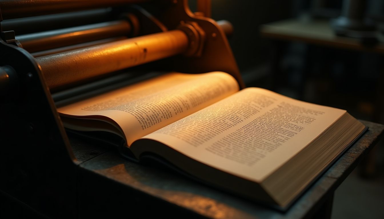 Open book pages beside a printing press cylinder in warm amber workshop light β print production guide